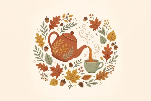 Autumn Teapot and Leaves Illustration