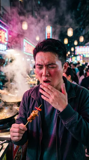 Man Grimacing from Spicy Night Market Food