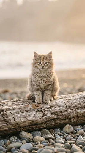 Fluffy Kitten on Beach Driftwood Log