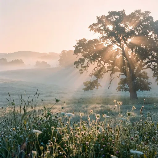 Sunlit Oak Tree in Misty Dawn Meadow