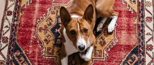 Basenji Dog Lying on Patterned Red Rug