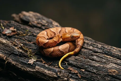 Juvenile Copperhead Snake Coiled on Wood