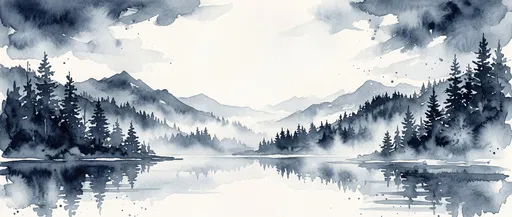 Indigo Watercolor Mountain Lake Landscape