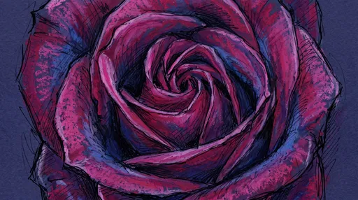Magenta Rose Oil Pastel and Ink Drawing