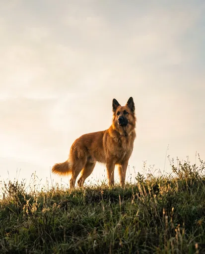 Golden Shepherd Dog on Grassy Ridge