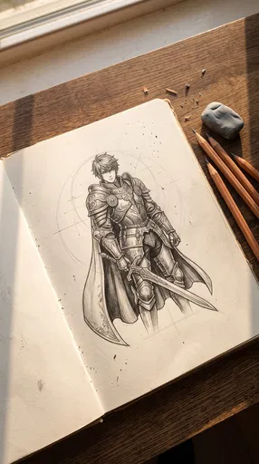 Anime Knight Pencil Sketch in Open Sketchbook