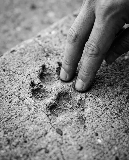 Hand Touching Concrete Paw Print