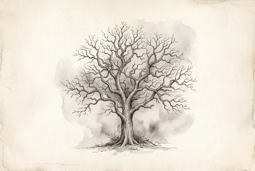 Monochrome Ink Illustration of Bare Oak Tree