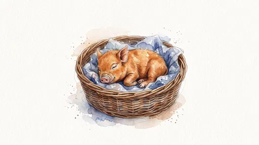 Watercolor Ginger Piglet Sleeping in Basket