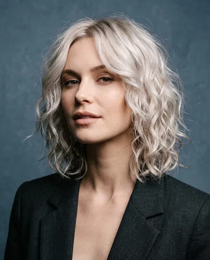 Platinum Blonde Woman with Curly Bob