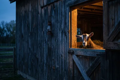 Goat Peeking Out of Barn at Dusk