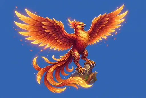 Fiery Armored Phoenix on Blue Background
