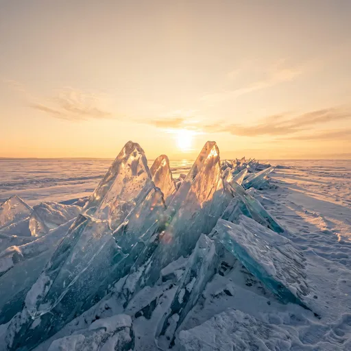 Golden Sun Behind Translucent Blue Ice Ridge