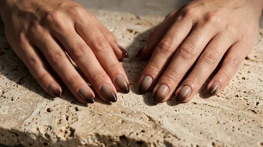 Hands With Brown Ombre Manicure on Stone