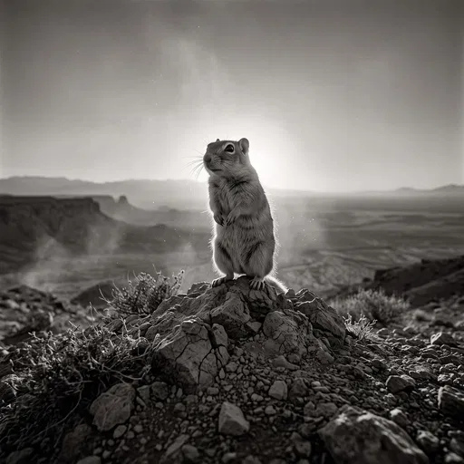 Monochrome Gerbil Standing on Desert Rock