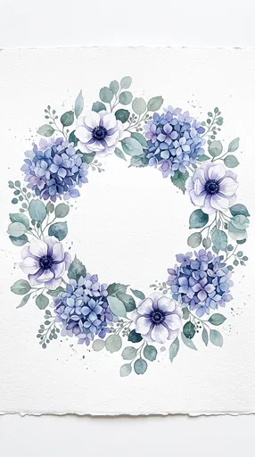 Blue Hydrangea and Anemone Watercolor Wreath