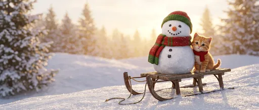 Snowman and Kitten on Winter Sled