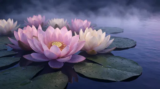 Dewy Lotus Blossoms on Misty Dawn Pond