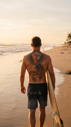Surfer With Phoenix Back Tattoo at Sunset