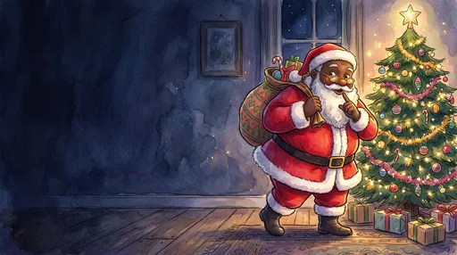 Watercolor Black Santa Claus by Christmas Tree