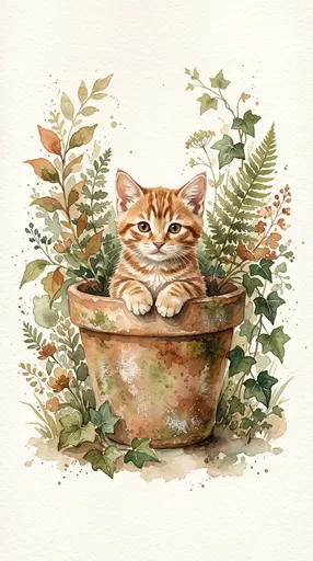 Watercolor Tabby Kitten in Terracotta Pot