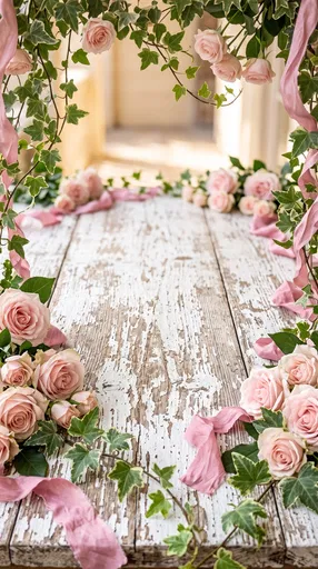 Rustic Wood Table with Pink Rose Border