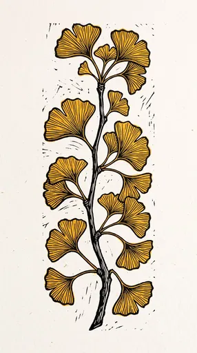 Golden Ginkgo Branch Linocut Print