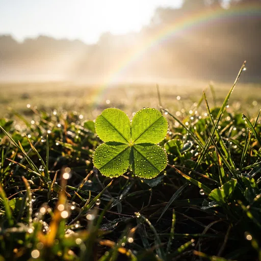 Dewy Four-Leaf Clover With Morning Rainbow
