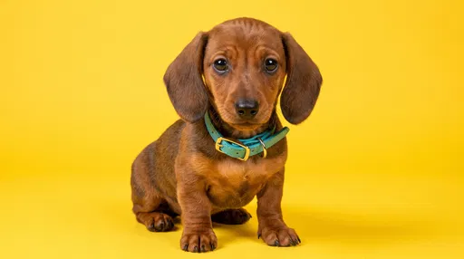 Miniature Dachshund Puppy on Yellow Backdrop
