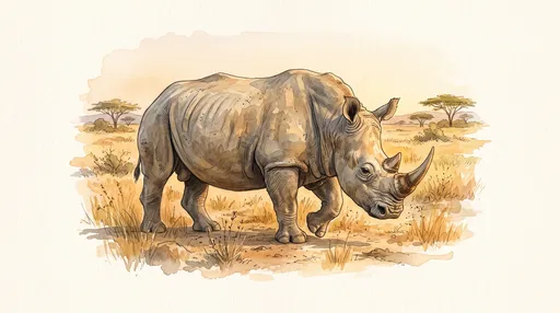 Watercolor Northern White Rhino in Savanna