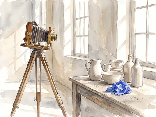 Watercolor Bellows Camera and Stoneware Still Life