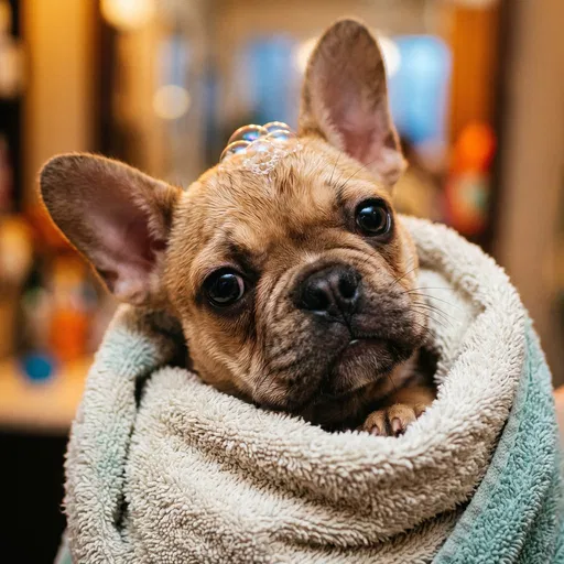 French Bulldog Puppy Wrapped in Towel