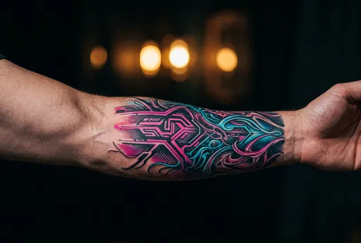 Vibrant Magenta and Cyan Forearm Tattoo