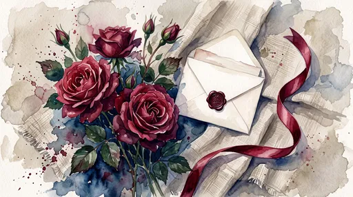 Watercolor Crimson Roses and Wax Sealed Envelope
