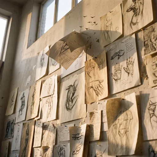 Sunlit Studio Wall With Charcoal Sketches