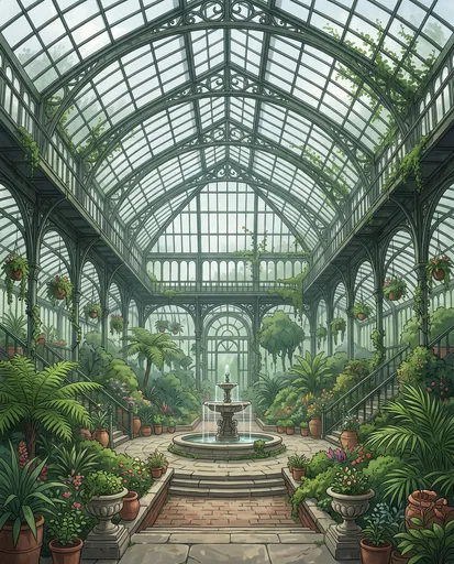 Anime Botanical Conservatory Interior With Fountain