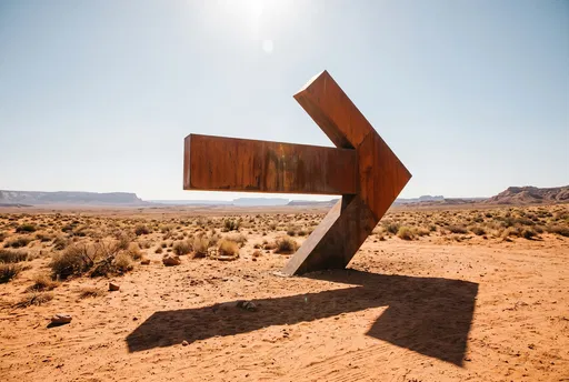 Weathered Steel Arrow Sculpture in Desert