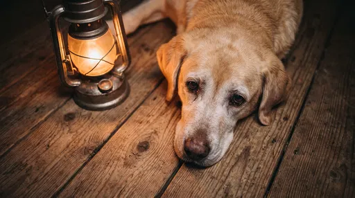 Senior Yellow Labrador Beside Glowing Lantern