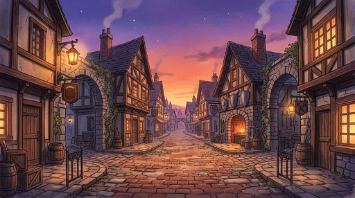 Illustrated Fantasy Town Street at Twilight