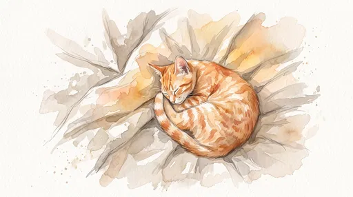 Watercolor Illustration of Sleeping Ginger Cat