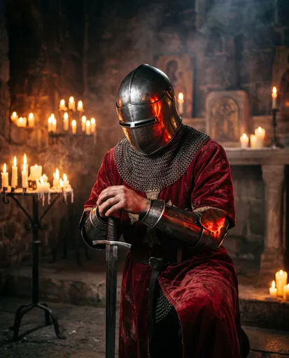 Medieval Knight Kneeling in Candlelit Chapel