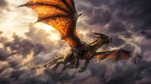 Horned Dragon Soaring Through Sunset Clouds