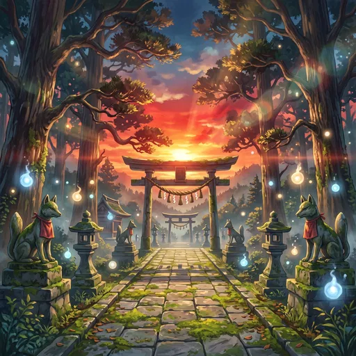 Mystical Anime Shrine Pathway at Sunset