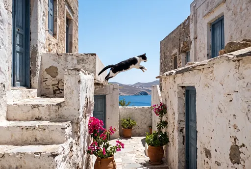 Tuxedo Cat Leaping Between Coastal Stone Buildings
