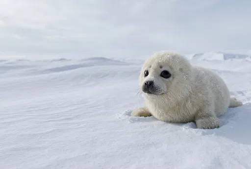 Fluffy White Harp Seal Pup on Snow