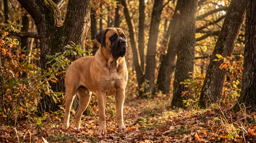 English Mastiff Standing in Autumn Forest