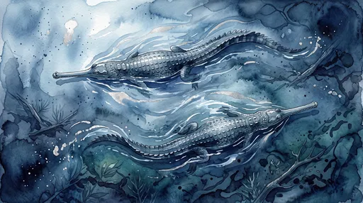 Watercolor Gharials Swimming in Moonlit River
