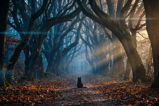 Black Cat on Autumn Forest Path