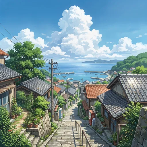 Anime Coastal Town Hillside Staircase View
