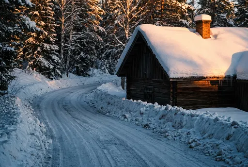 Snowy Country Road Past Timber Cabin